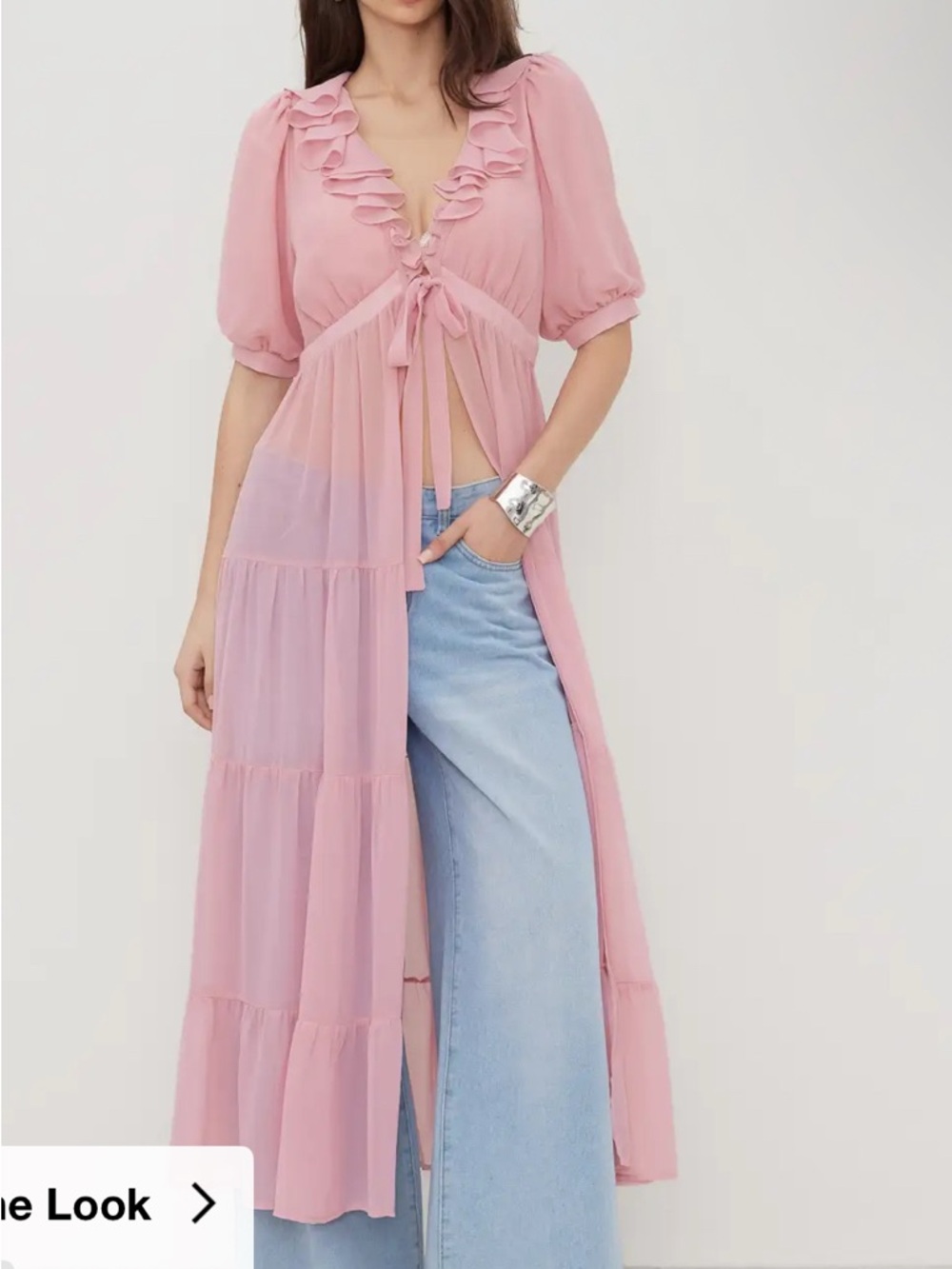 Cider Soft Pink Ruffle-Trim Sheer Kimono